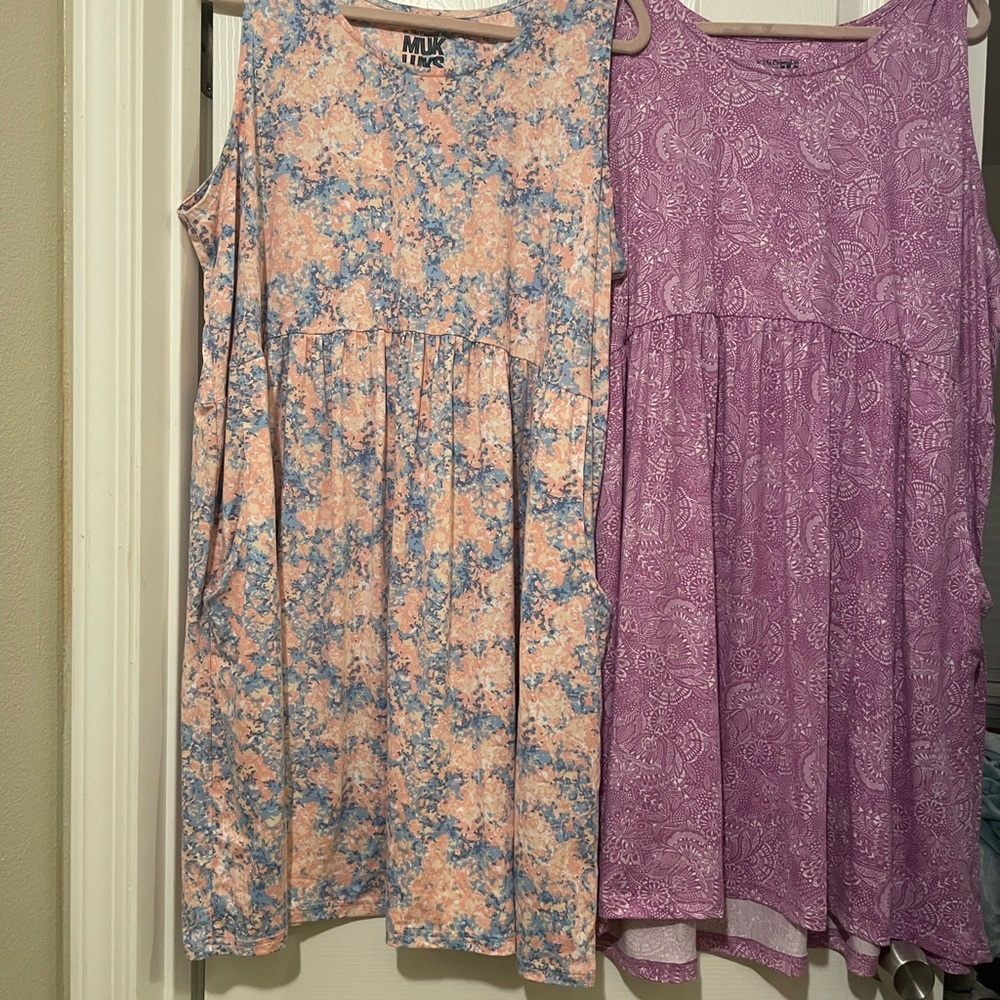 MUK LUKS Dress Womens Pullover Sleeveless Pleated Flecked Pattern Pink Blue L